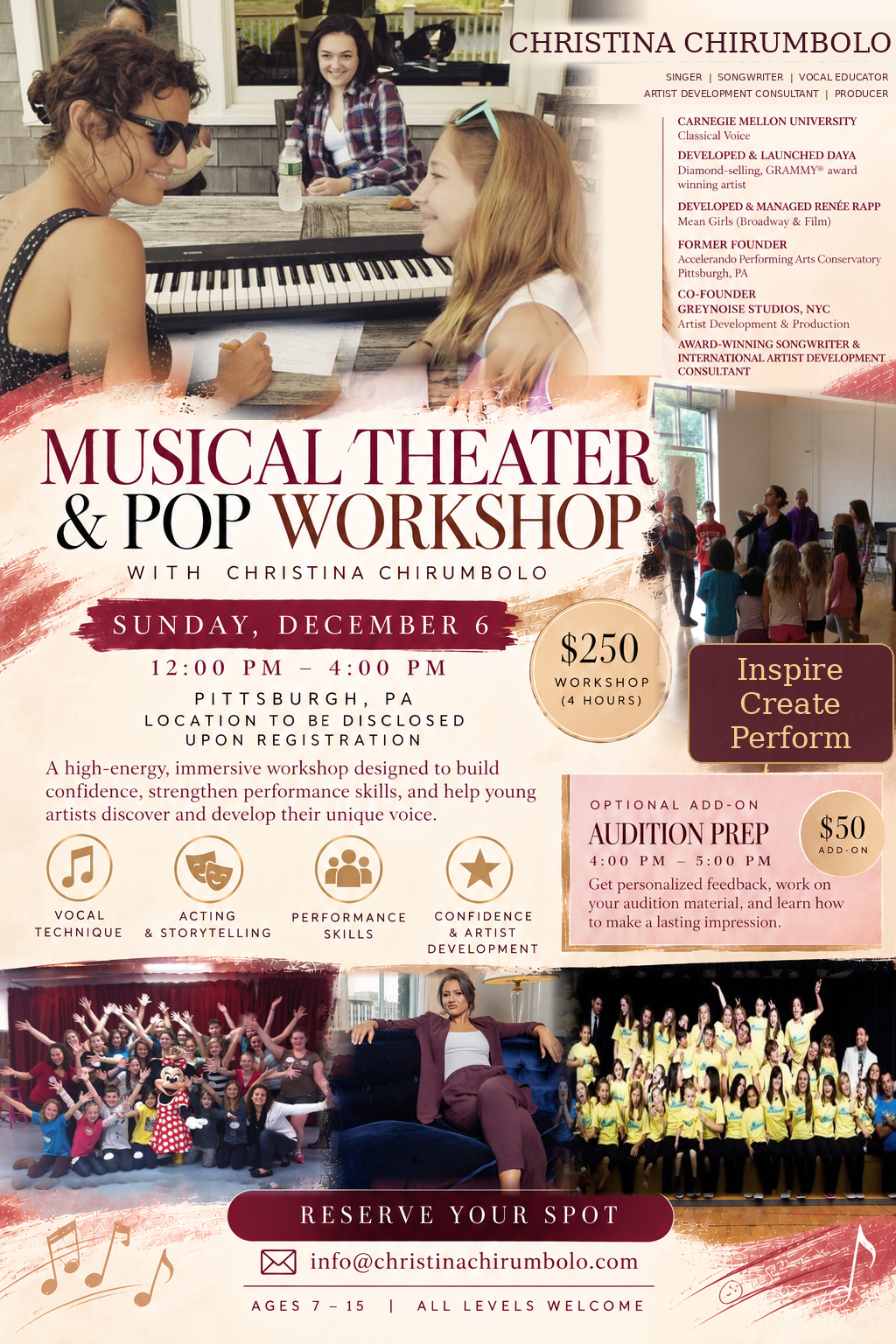 STORYHOUSE Musical Theater and Pop Workshop with Christina Chirumbolo in Pittsburgh, Sunday, December 6, 2026. Ages 7–15, noon–4 p.m. Eastern, $250. Optional audition prep and individual evaluation, 4–5 p.m., $50 additional. Venue to be announced.