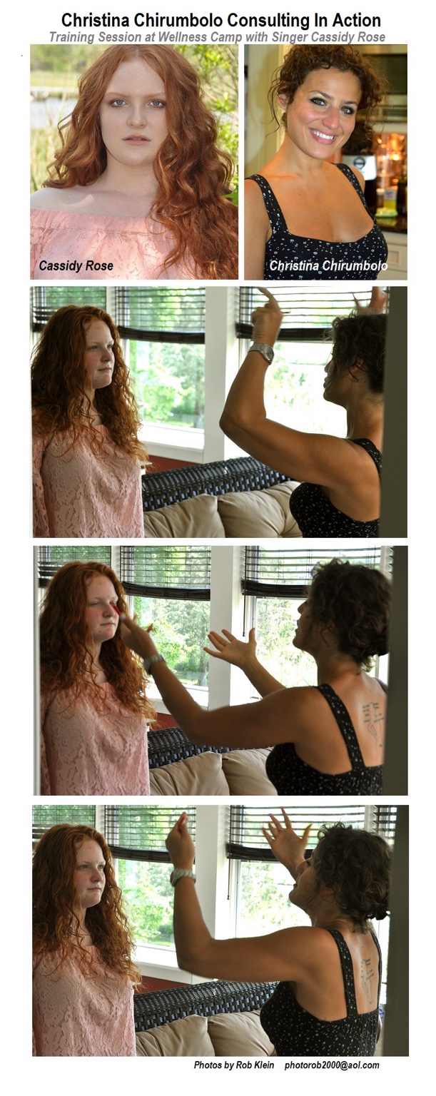 Archival photo series of Christina coaching singer Cassidy Rose at a wellness camp
